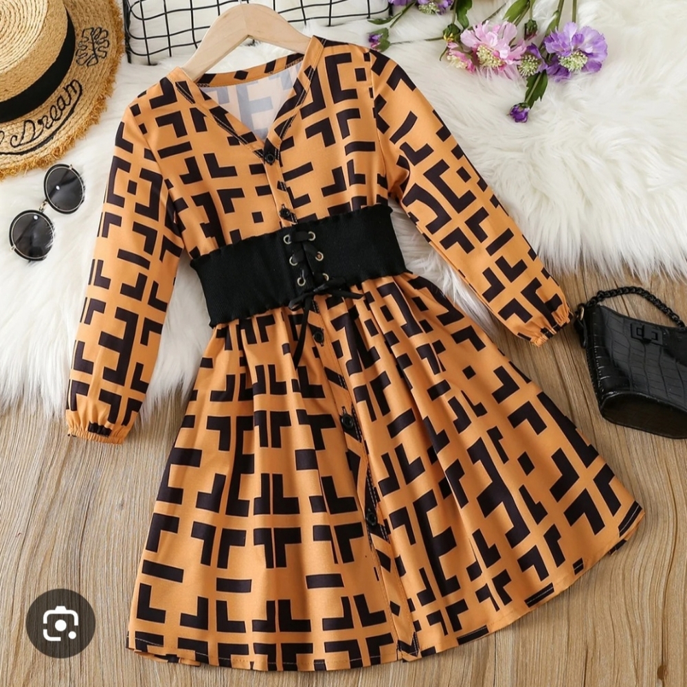 Girls bohemian chic Tribal Geometric print Long Sleeved A-line‎ dress size 6